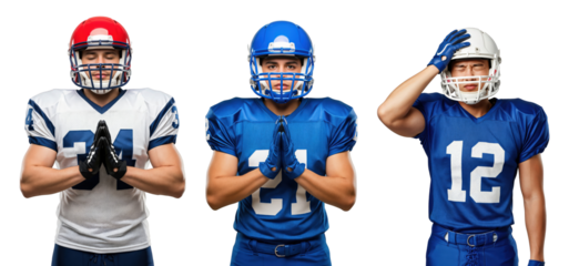 Three Male Football Players in Uniforms Expressing Emotions for Team Spirit and Sportsmanship