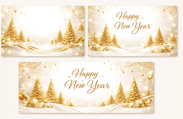 Happy New Year 2026 and Merry Christmas white and gold social media backgrounds with trees. Templates for square, portrait posts and etc.
