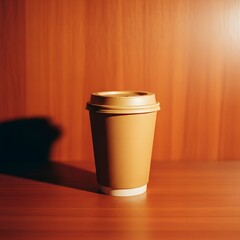 A brown paper coffee cup on a wooden table with a shadow