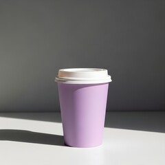 A solitary lavender coffee cup on a white surface with a dark background