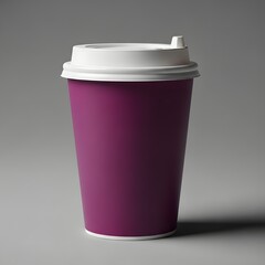 A maroon disposable coffee cup with a white lid on a gray background