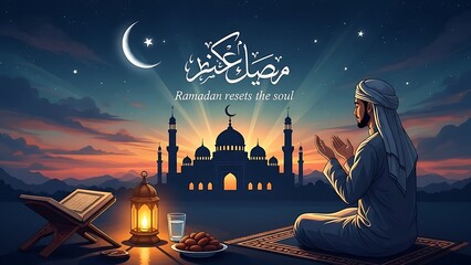 Man praying at sunset near mosque during Ramadan, with holy book and lantern