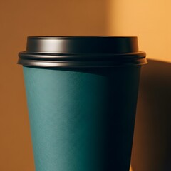 A close up of a green reusable coffee cup with a black lid