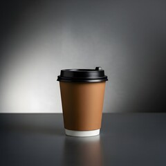 A brown disposable coffee cup with a black lid on a reflective surface