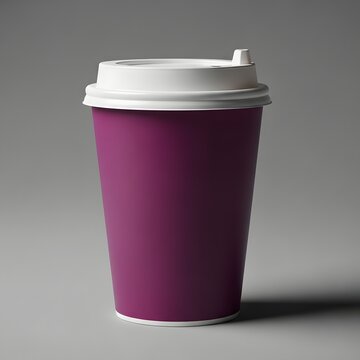 A maroon disposable coffee cup with a white lid on a gray background