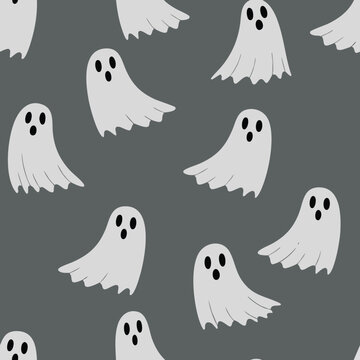 Whimsical ghost illustrations scattered across a dark grey background pattern for festive decoration