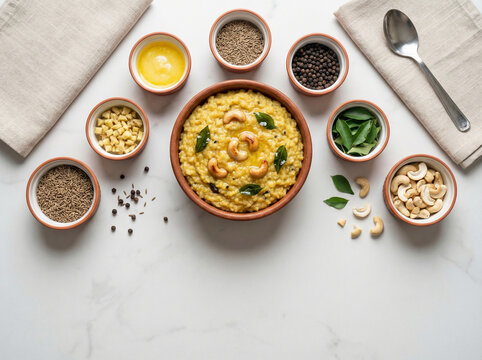 Ven Pongal flat lay with ingredients arranged in bowls on white marble