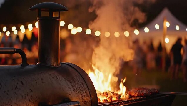 A large barbecue smoker with a roaring fire and smoke billowing out, set against a blurred background of a lively outdoor event with string lights and people.