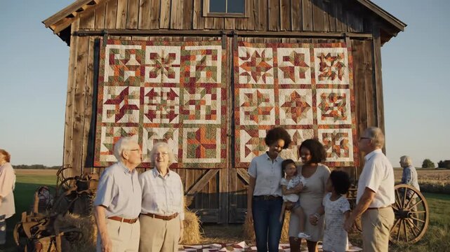 Family admires traditional patchwork quilts displayed on a rustic wooden barn door during daylight