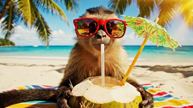 A playful monkey enjoys a coconut drink on a sunny beach.