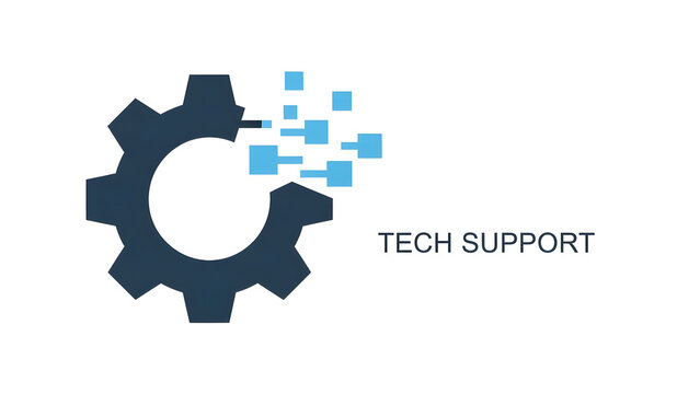 A tech support logo with a gear and blue squares on a white background