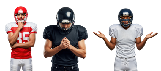 Diverse Male Football Players in Uniforms Expressing Emotions in Studio Setting