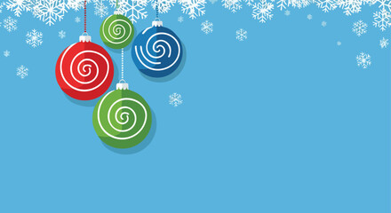 Festive holiday ornaments hang against a backdrop of falling snowflakes and a clear blue sky creating a celebratory winter scene for seasonal graphics