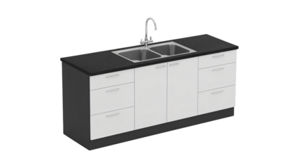 Modern kitchen sink cabinet with white drawers and black countertop in sleek minimalist design with stainless steel sink for home renovation