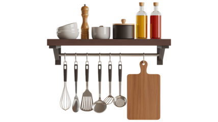 Kitchen utensils on wooden shelf with metal hooks in modern minimalist style with soft natural lighting for home decor