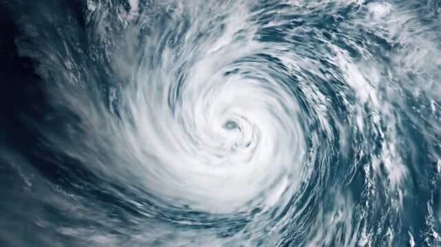 A dramatic satellite view of a spiraling hurricane, white eye-clouds sweeping the dark sea. Intense!