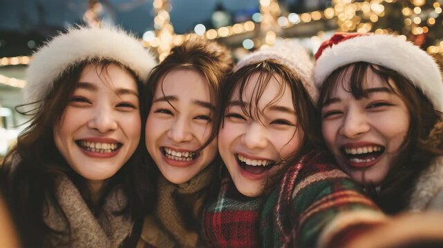 サンタ帽で寄り添い自然な笑顔を交わす女性の至近距離ポートレート