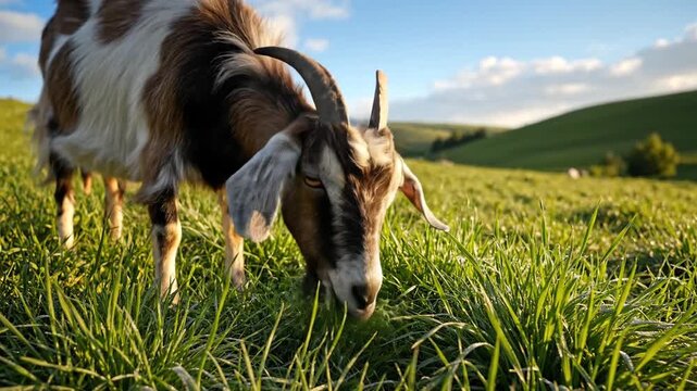 A serene goat grazing in a lush green pasture under a clear sky.