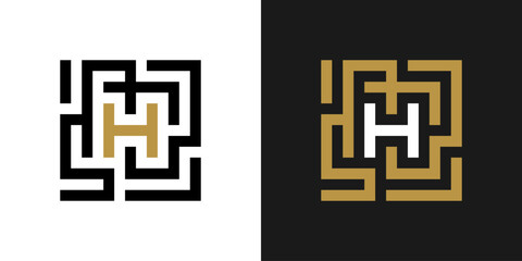 Geometric Font. Square labyrinth alphabet, geometric letter H, unique puzzle font for creative logos. Abstract labyrinth typography design. © reza
