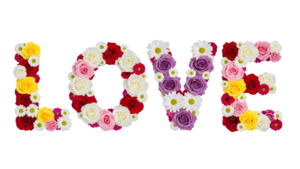 A creative floral typography design with the word love made of colorful flowers isolated on transparent background