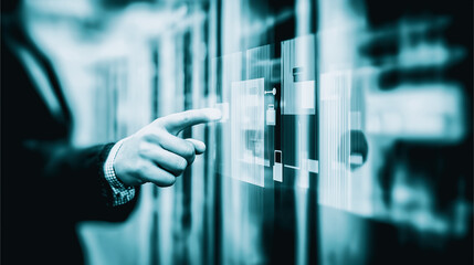 A person interacts with an abstract digital interface, a fusion of technology and human interaction. Focus on the cutting-edge of interaction.