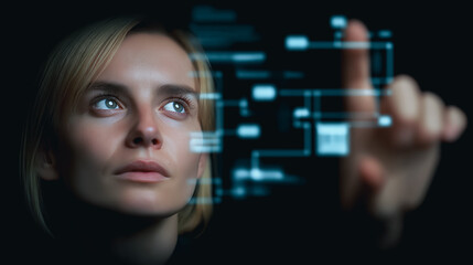 A woman interacts with a holographic interface, embodying the future of technology and human-computer interaction, showcasing a seamless blend of innovation and vision.