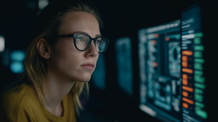 A dedicated computer programmer engrossed in the glow of multiple screens, navigating complex code and data with intense concentration.
