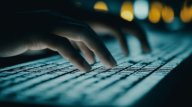 A pair of hands intensely working at a glowing keyboard illuminated by a dim environment, embodying the essence of modern technology and data driven world. - Powered by Adobe