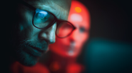 A focused man and a red android, engaged in a contemplative exploration of technology and its implications. Capturing an evocative blend of human intellect and artificial intelligence.