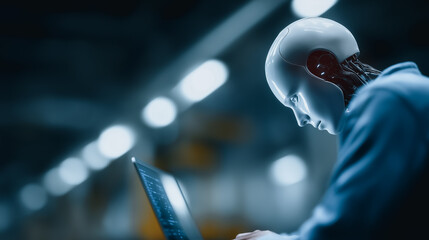 A close-up view of an intelligent robot intensely focused on a laptop screen, embodying future technology and artificial intelligence.