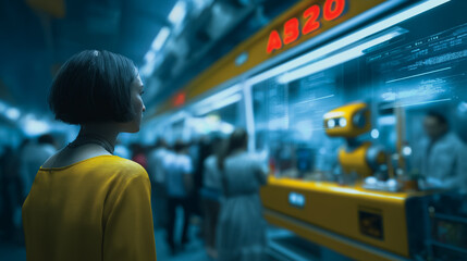 A woman and a service robot collaborate in a futuristic public transportation setting, examining the forefront of technological advancement and human-machine interaction. 