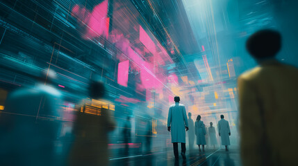 A group of researchers stride purposefully through a high-tech data visualization landscape, with a futuristic aura. The image showcases the fusion of human ingenuity and technology.