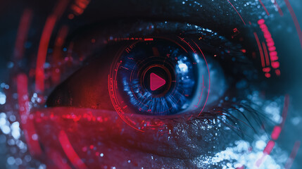 A close-up view of an eye with a play button icon inside it that has futuristic technology in the digital world. The human eye acts as the portal to the advanced technological world.