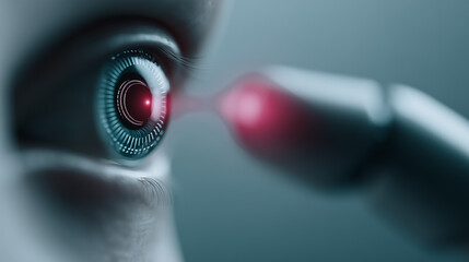 An AI's metallic eye emitting a focused red laser beam, embodying advanced technology and futuristic concepts.
