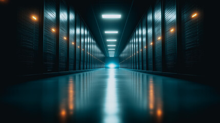A futuristic server room hallway bathed in a cool, calming blue light, where technology meets architectural design. Showcasing the sleek lines and modern aesthetic of a data center.