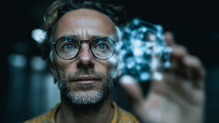 A focused scientist examines a complex holographic projection, reflecting intellectual curiosity and technological advancement. 