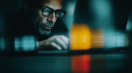 A focused professional intently examines glowing screen, his serious face framed by glasses and illuminated by the soft light reflecting in his eyes.