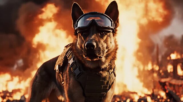 A brave military dog stands amidst flames, showcasing loyalty and strength.