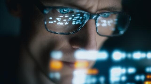 Intense focus and concentration is visible in the gaze of an individual wearing glasses as they work with computer data, highlighted by the glowing display reflections. - Powered by Adobe