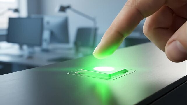 Finger Pressing Button for Modern Technology in Office Space Scene