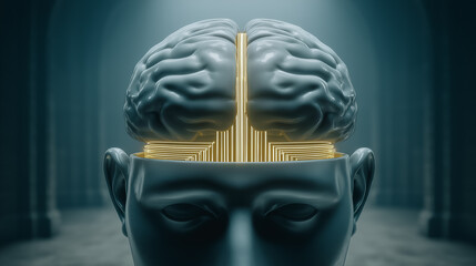 An open-minded concept illustrates a human head with a technological brain. The photo showcases the convergence of human intellect and artificial intelligence. 