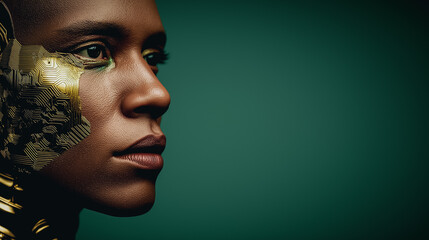 A captivating portrait of a woman merges with metallic elements, reflecting technology and human beauty against a dark background, evoking a sense of future innovation.