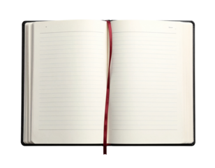 Open Blank Notebook with Red Bookmark on White Background.