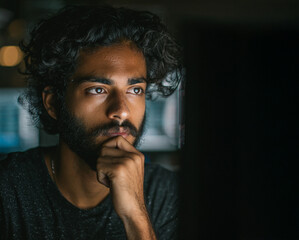 Cybersecurity Professional in Deep Thought While Reviewing System Vulnerabilities on Glowing Screens in a Modern Tech Office