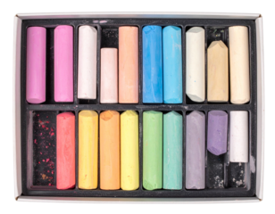 A box of colorful chalk sticks for drawing and art.