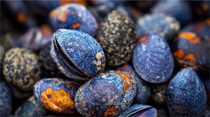 Pile of dark blue and orange spotted shellfish shells clustered together with shallow depth of field