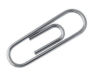 A single silver metal paperclip isolated on a white background.