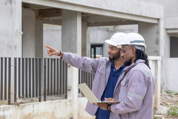 Two Black construction workers in safety helmets review plans on a laptop at a brick building site, highlighting teamwork, technology and workplace diversity in the construction industry. Team work