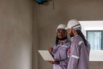 Two Black construction workers in safety helmets review plans on a laptop at a brick building site, highlighting teamwork, technology and workplace diversity in the construction industry. Team work