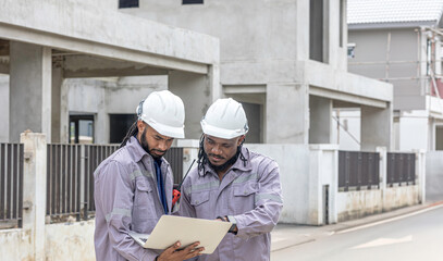 Two Black construction workers in safety helmets review plans on a laptop at a brick building site, highlighting teamwork, technology and workplace diversity in the construction industry. Team work